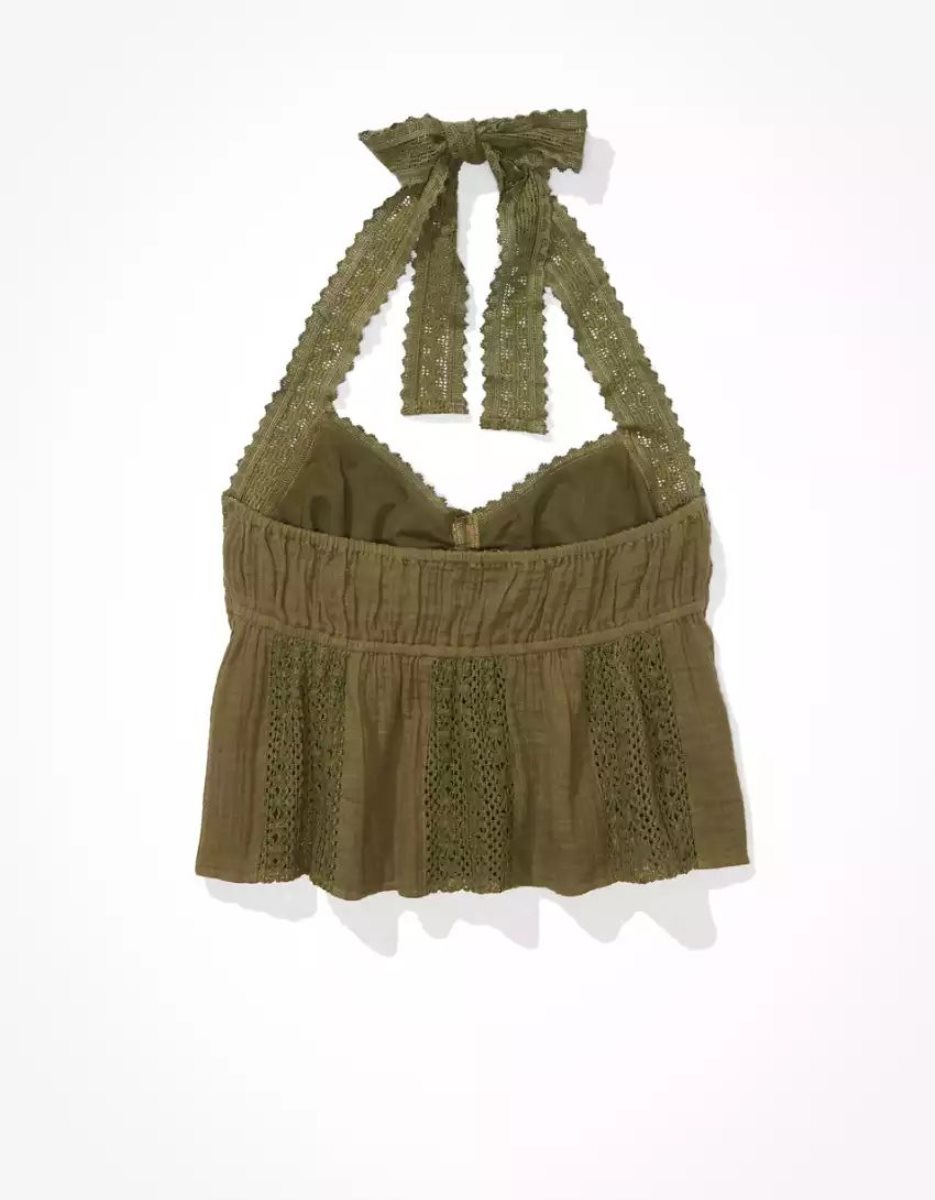 Chemises American Eagle AE Embroidered Babydoll Halter Top Vert Olive Femme | UKB-76253936